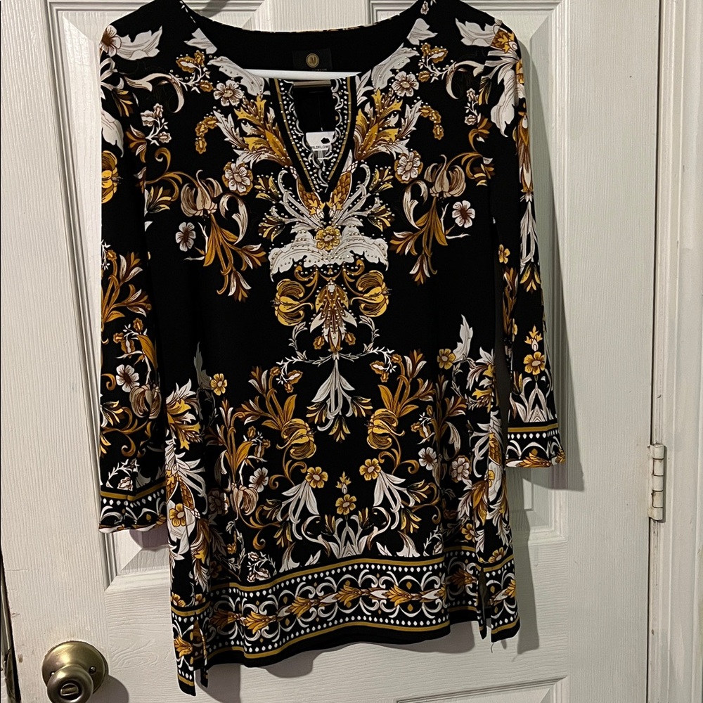 JM Collection Black and Gold Floral Blouse
